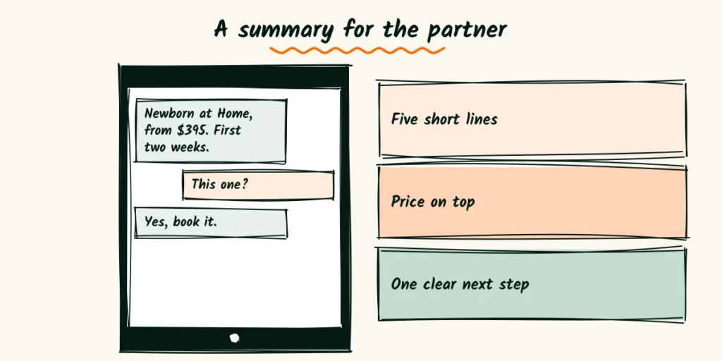 A summary for the partner A doodle phone chat sharing a short session summary, with one parent asking this one and the other replying yes, book it