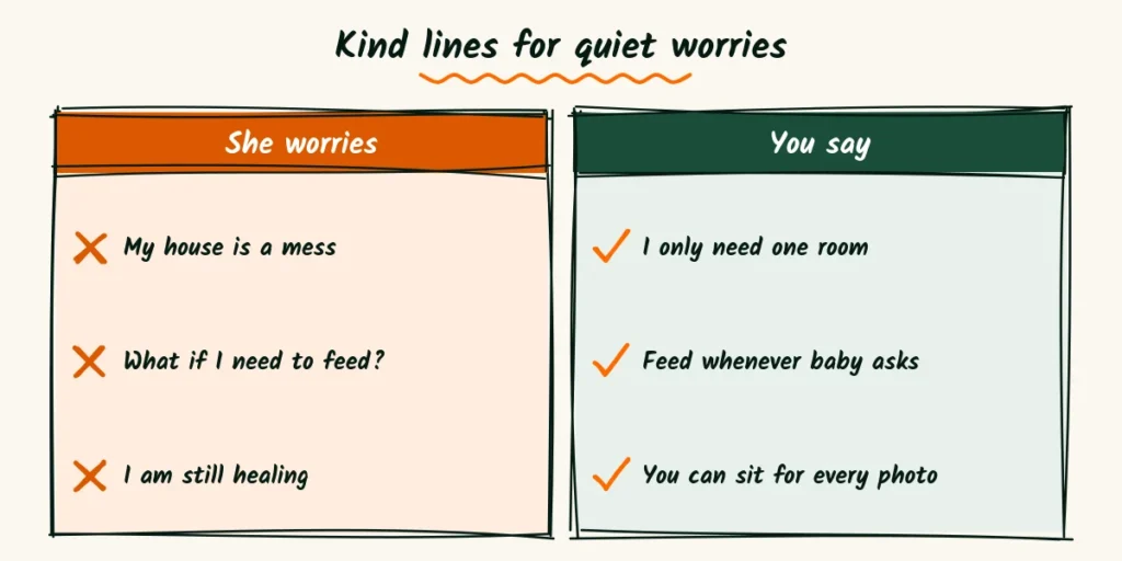 Kind lines for quiet worries A doodle of quiet parent worries like a messy house and needing to feed, each paired with a kind reply