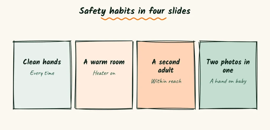 Safety habits in four slides Four doodle carousel slides showing clean hands, a warm room, a second adult nearby and two photos joined into one