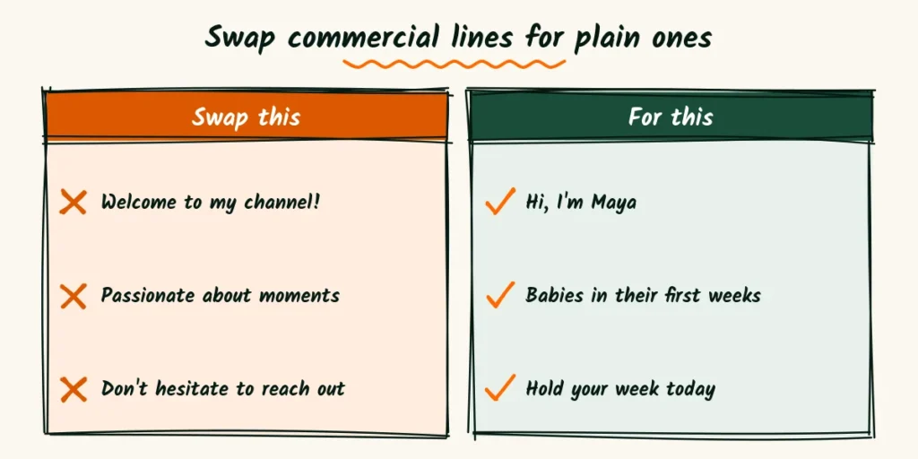 Swap commercial lines for plain ones A doodle comparison crossing out commercial lines like welcome to my channel and checking plain ones like hi, I'm Maya