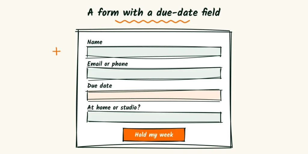 A form with a due-date field A doodle contact form with fields for name, email or phone, due date and at home or studio, plus an orange button