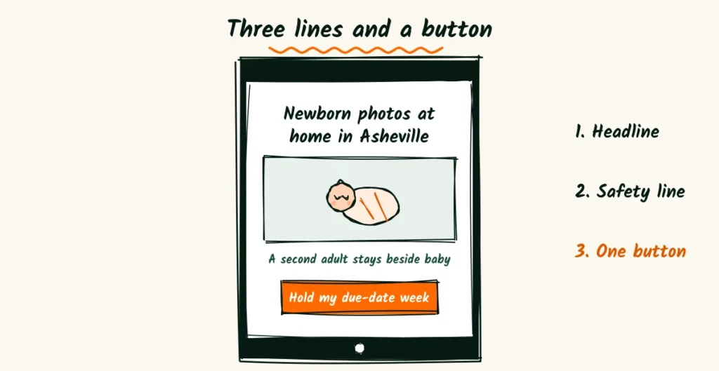 Three lines and a button A doodle phone home screen with a headline about newborn photos at home, a small safety line and an orange button that says hold my due-date week