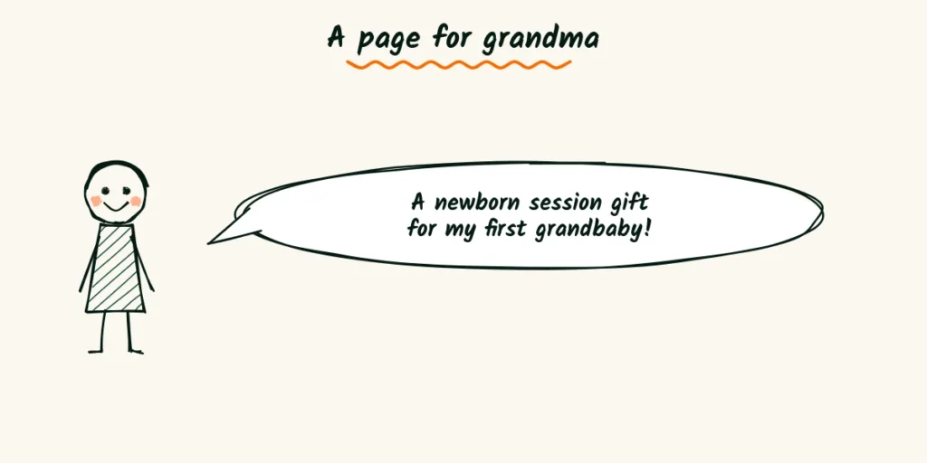 A page for grandma A happy grandma doodle with a speech bubble about buying a newborn session gift for her first grandbaby