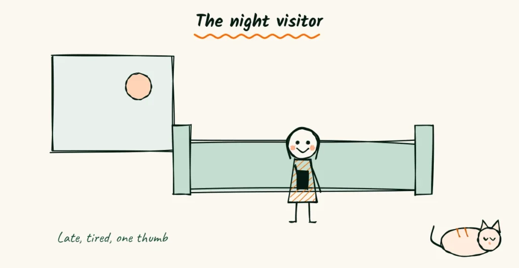 The night visitor A doodle of a mom scrolling a phone in front of a couch at night, with a moon in the window and a cat asleep nearby