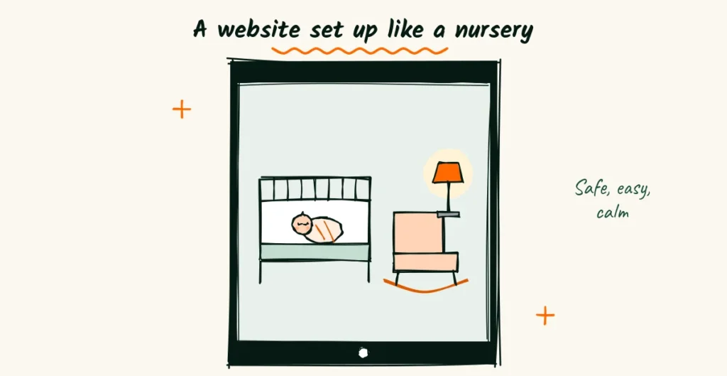 A website set up like a nursery A doodle nursery with a crib, a rocking chair and a small lamp drawn inside a big phone screen like a website