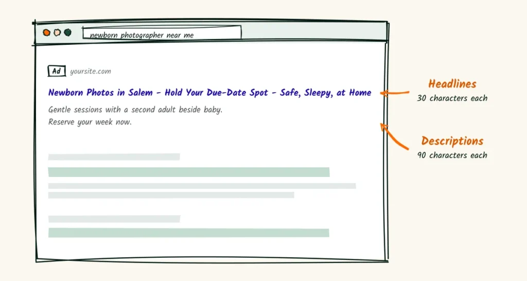 A search ad that fits the space Newborn photographer ad copy on a hand-drawn Google search result with three short headlines and a description