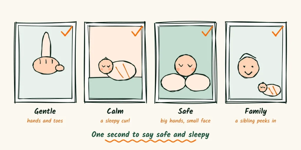 Calm photos for a newborn ad Four hand-drawn photo frames showing tiny hands, a sleepy curl, dad’s big hands and a sibling peeking, each with a check mark