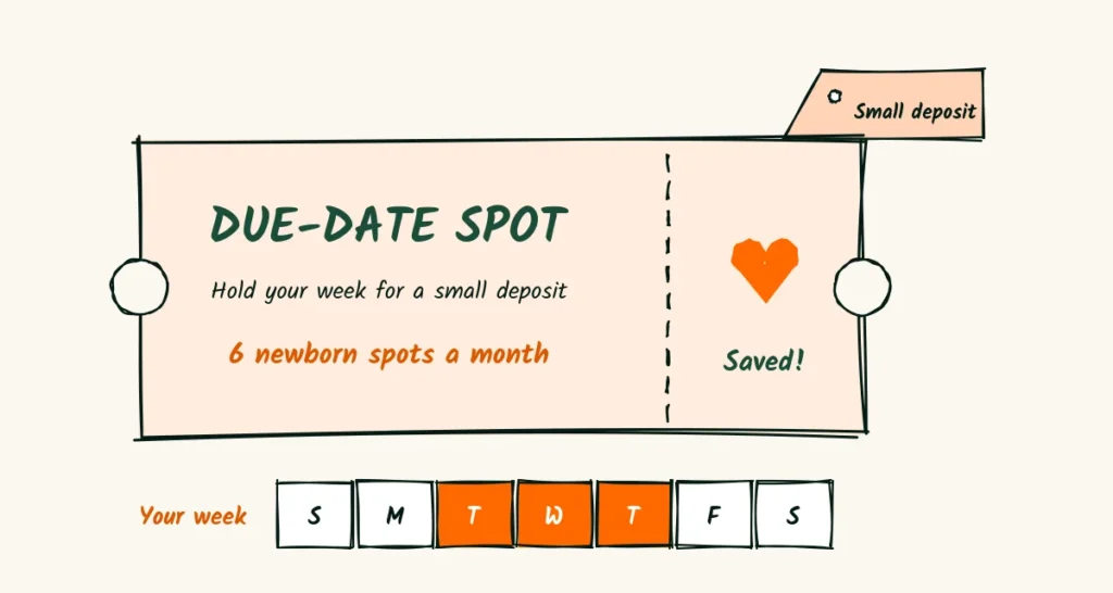 A spot held before baby arrives A doodle ticket reading due-date spot with a heart, a small deposit tag and a calendar week highlighted