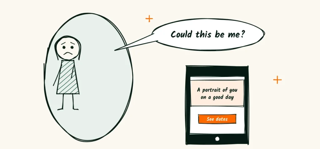 Every ad starts with a small doubt A person in front of a mirror looking unsure, with a speech bubble above that reads Could this be me and a small phone showing an ad