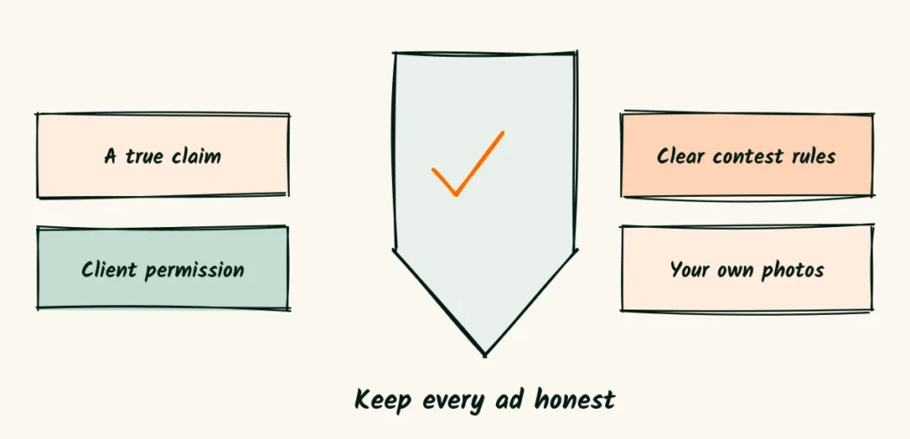 Keep ads honest and approved A shield with a check mark in the middle, surrounded by four notes for a true claim, client permission, clear contest rules and your own photos