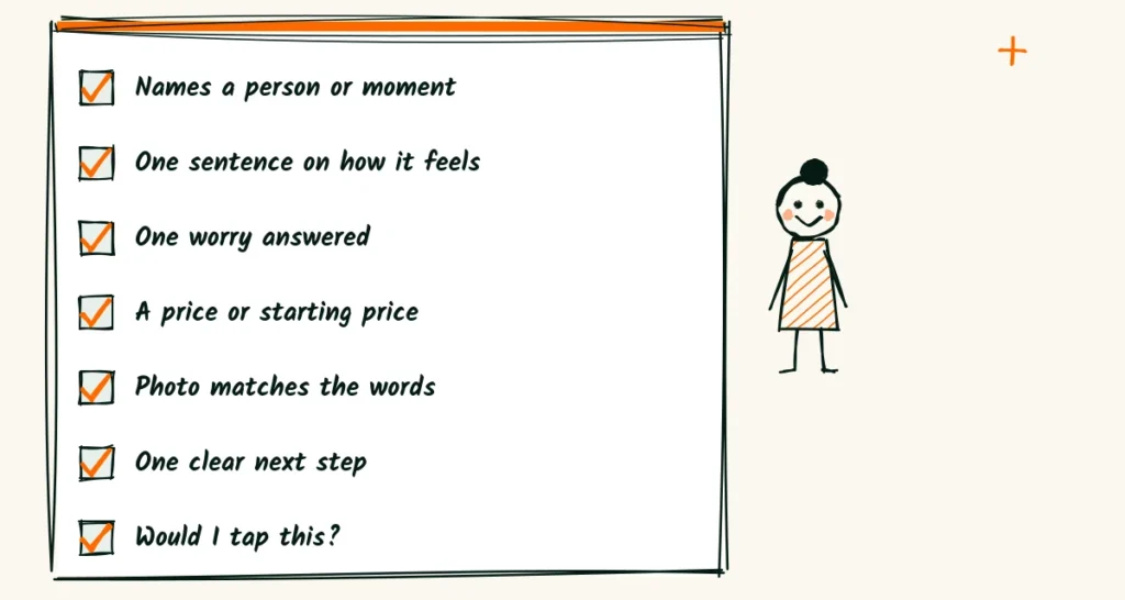 Seven checks before you publish A seven-line checklist with orange check marks, a pair of reading glasses on top and a small phone showing the finished ad