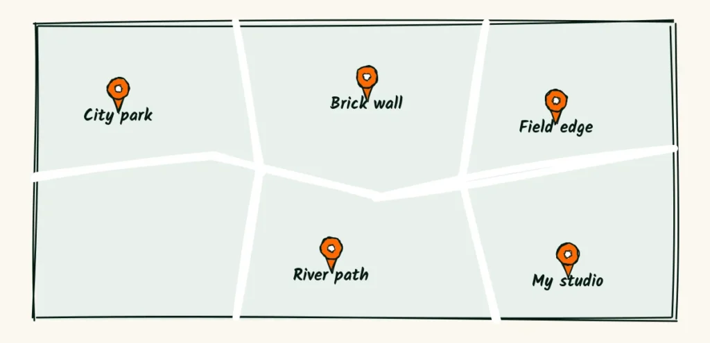 Five places clients can drive to A small hand-drawn map with five pins for a park, a river path, a brick wall, a field and a studio, each with a short label