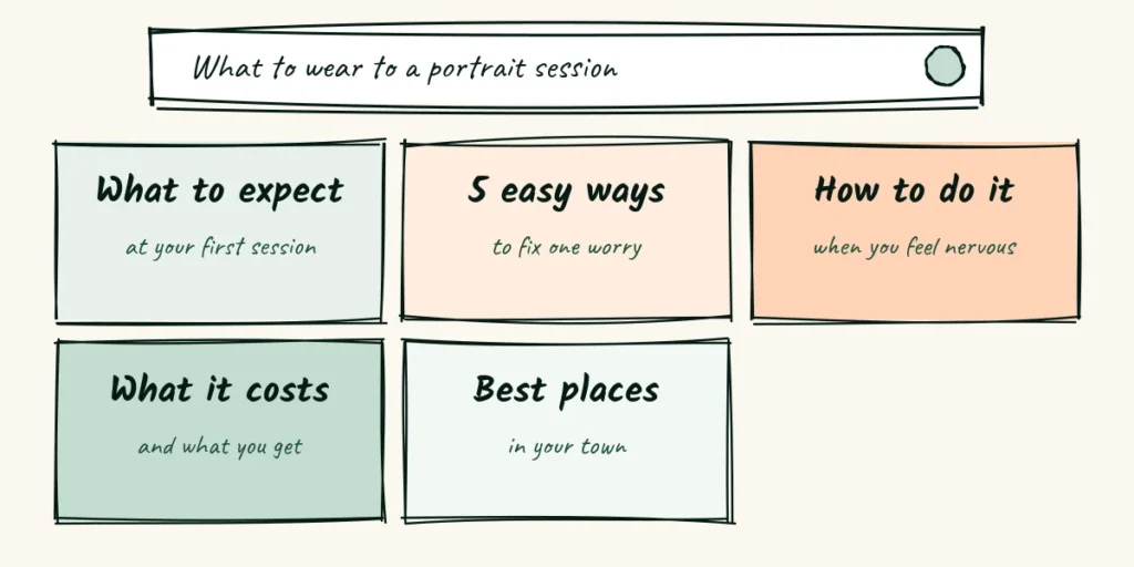 Five title shapes A hand-drawn search box with a title typed into it, plus five small title cards below with simple title shapes
