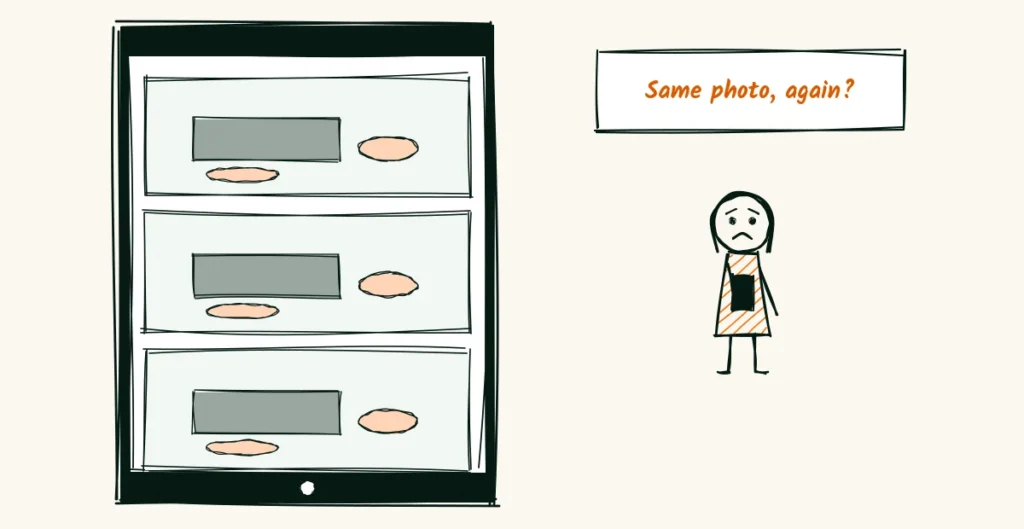 The same stock photo, again A doodle phone feed showing the same laptop and latte stock photo posted three times in a row, with a worried coach looking at it and the words same photo, again