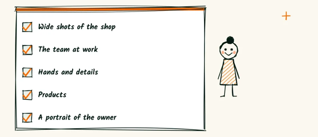 A simple shot list A doodle checklist of a shot list, wide shots of the shop, the team at work, hands and details, products and a portrait of the owner