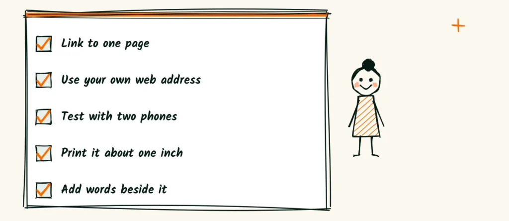 QR code checklist A doodle checklist for QR codes, link to one page, use your own web address, test with two phones, print it about one inch and add words beside it