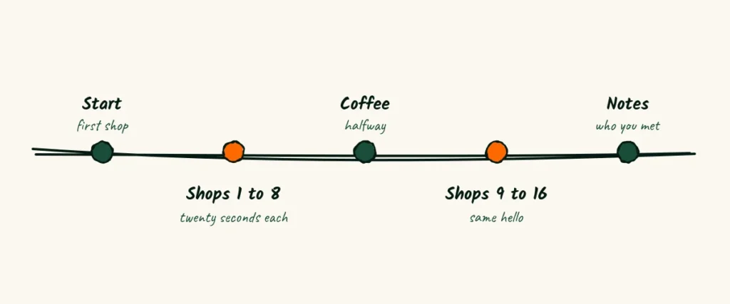 A Main Street walk A doodle timeline of a main street walk, start at the first shop, visit shops one to eight, a coffee break halfway, shops nine to sixteen and notes on who you met