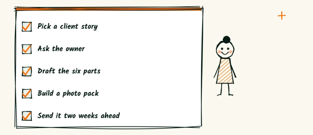 First release checklist A doodle checklist for a first shared release, pick a client story, ask the owner, draft the six parts, build a photo pack and send it two weeks ahead