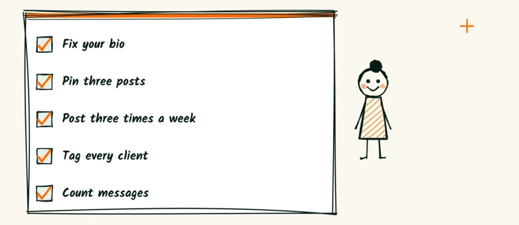 First month checklist A doodle checklist for a first month, fix your bio, pin three posts, post three times a week, tag every client and count messages