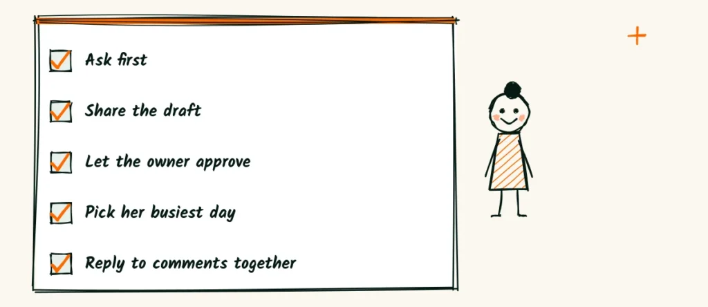 Collab routine A doodle checklist for a collab post, ask first, share the draft, let the owner approve, pick her busiest day and reply to comments together