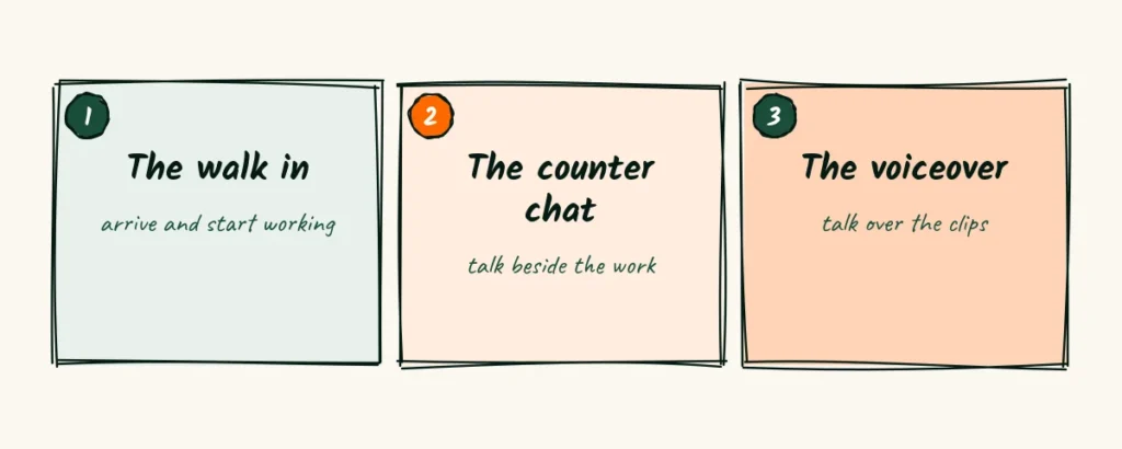 Three shapes Three doodle cards for intro video shapes, the walk in, the counter chat and the voiceover, each with a short note