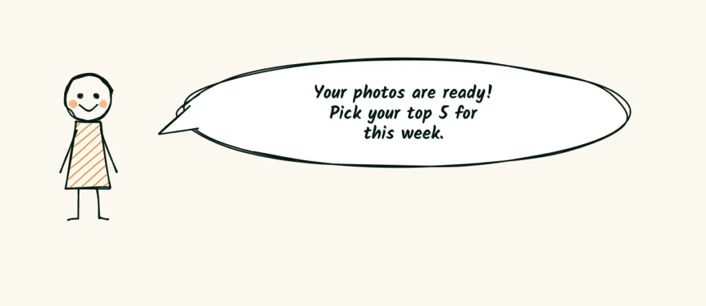 Gallery day A doodle photographer with a speech bubble saying your photos are ready, pick your top 5 for this week