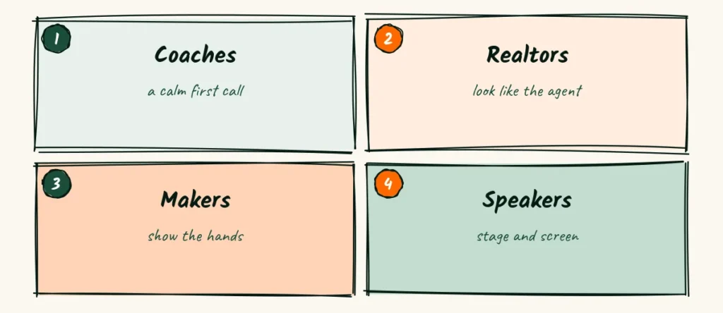 One flyer, one person Four doodle cards for coaches, realtors, makers and speakers, each with a short note on what the flyer should say