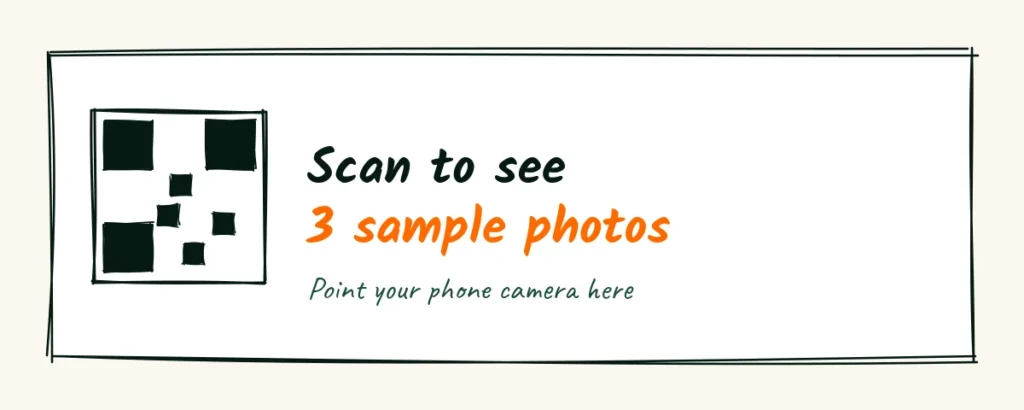 One next step A doodle flyer bottom with a QR code square next to the words scan to see 3 sample photos