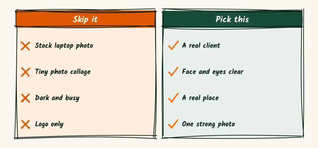A doodle comparison of photos to skip, like a stock laptop shot and a tiny group collage, and photos to pick, like a real client with a clear face in a real place