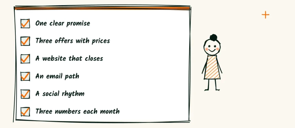 The one page plan A doodle checklist for a marketing plan, one promise, three clear offers, a website that closes, an email path, a social rhythm and three numbers