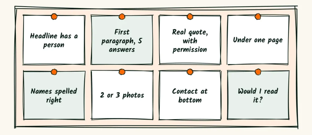 Final check A doodle sticky-note board with a final check for a press release, headline, first paragraph, quote, length, names, photos and contact