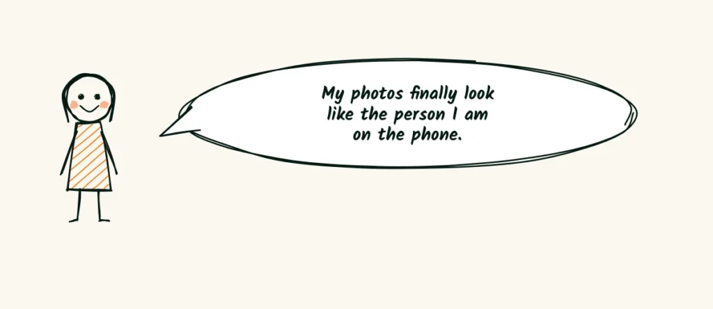 A doodle client with a speech bubble that says my photos finally look like the person I am on the phone
