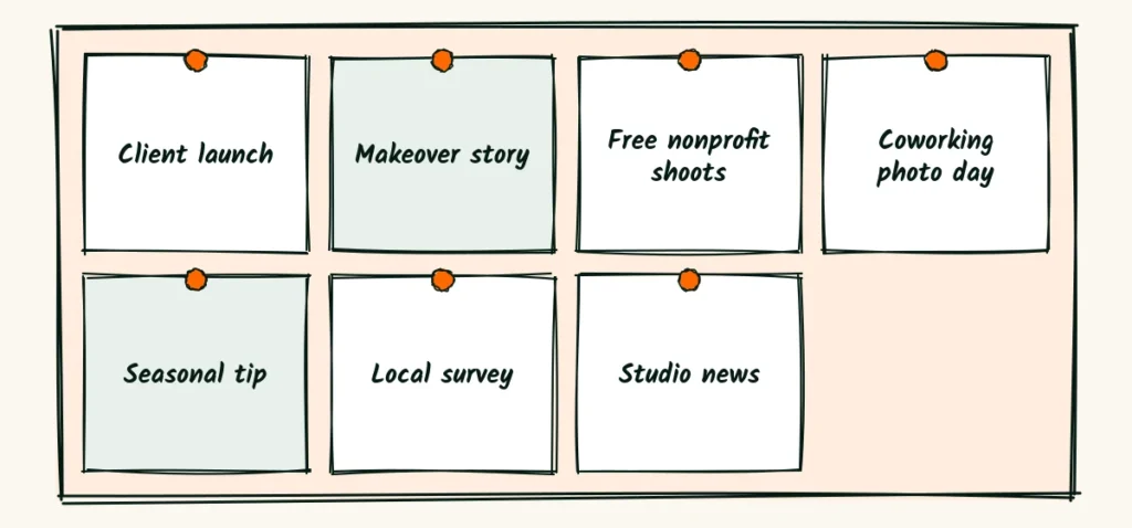 A doodle corkboard of seven sticky notes with press story ideas, from client launch and makeover to free nonprofit shoots, coworking photo day and local survey
