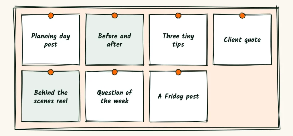 One shoot, a month of posts A doodle board of seven post ideas from one shoot, planning day, before and after, three tips, client quote, behind the scenes reel and a question of the week
