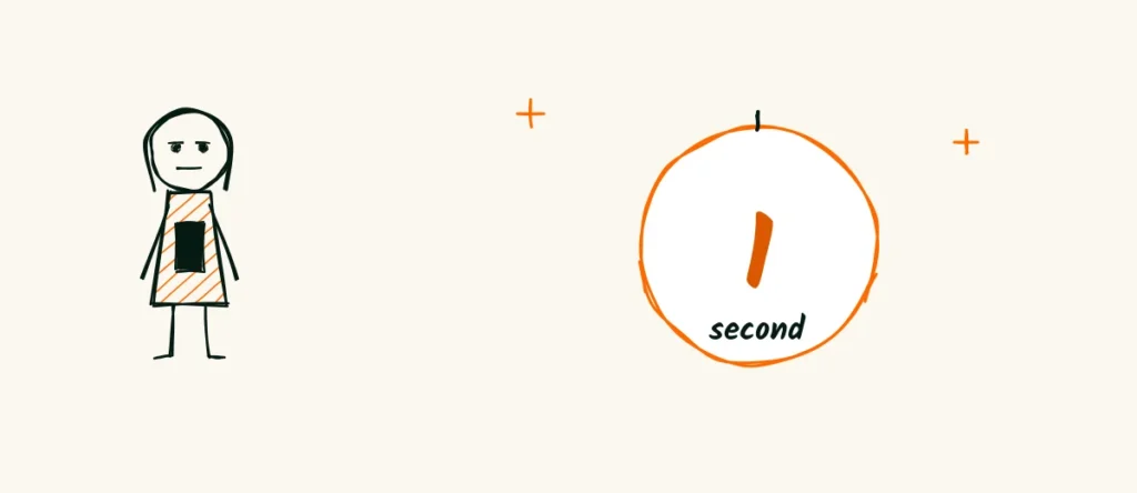One second to stop a thumb A doodle woman scrolling on her phone with a stopwatch badge that says 1 second