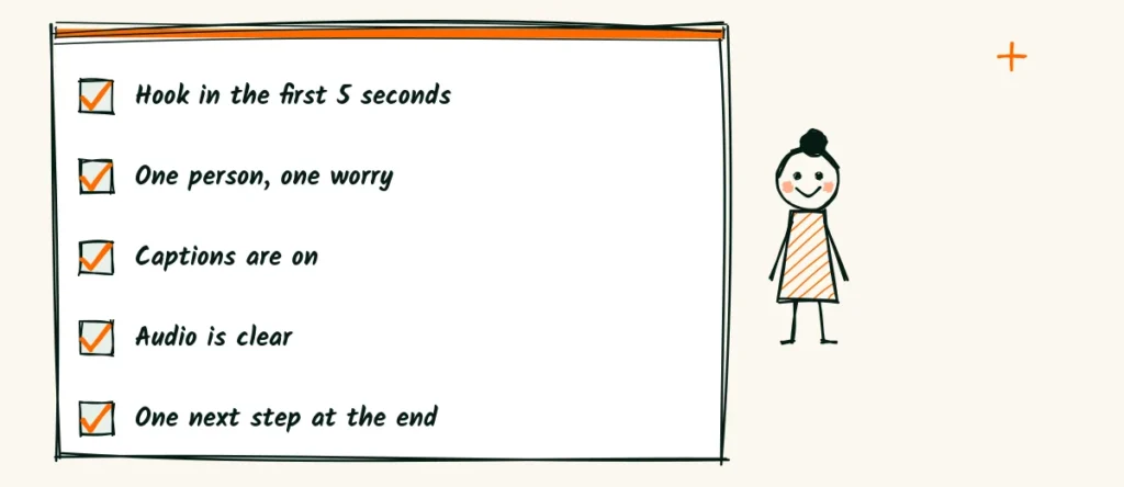 Check before you post A doodle checklist for a video, a hook in the first 5 seconds, one person and one worry, captions on, clear audio and one next step at the end