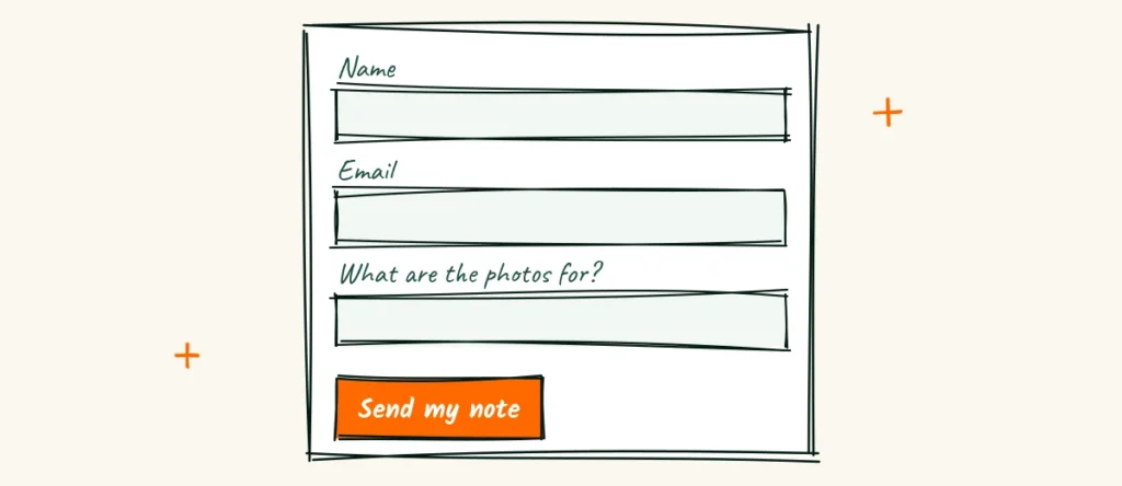A short contact form A doodle contact form with three fields, name, email and what are the photos for, and an orange button that says send my note
