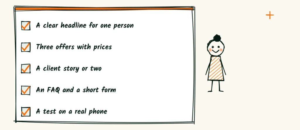 Launch check A doodle checklist for a launch, a clear headline, three offers with prices, a client story, an FAQ, a short contact form and a phone test