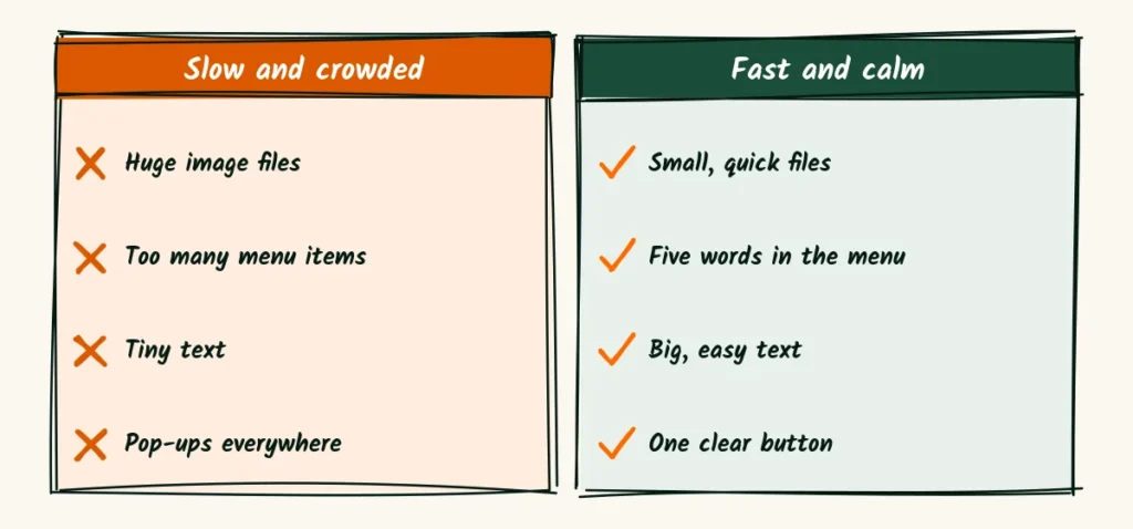 Fast and calm on a phone A doodle comparison of a slow crowded page with huge images, too many menu items, tiny text and pop-ups, and a fast calm page with small files, a short menu, big text and one button