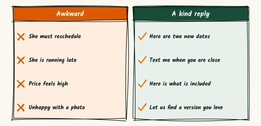 Calm replies for awkward moments A hand-drawn table with four awkward situations on the left and a calm kind reply on the right for each one