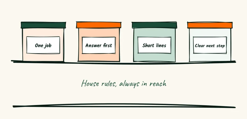 The house rules on your shelf A kitchen shelf with four labeled jars that read one job, answer first, short lines and clear next step