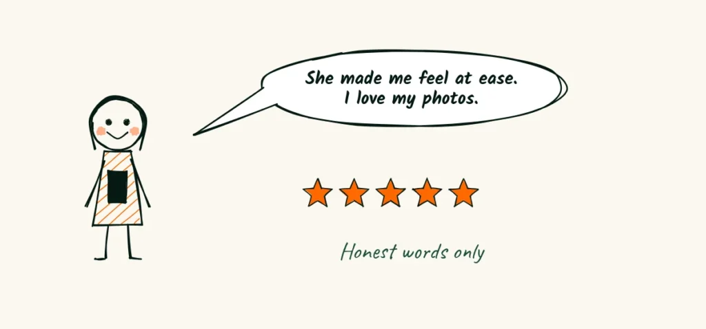 An easy review request A smiling client typing a few kind words on a phone, with a speech bubble and five small stars, beside the words honest words only