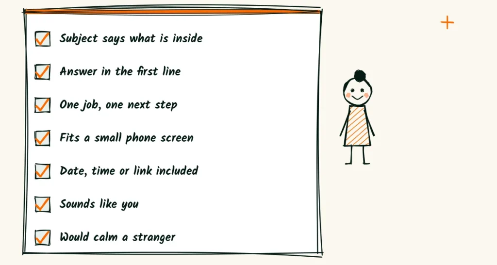 Seven checks before you send A seven-line checklist with orange check marks beside a happy person, for checking a client email before you send it