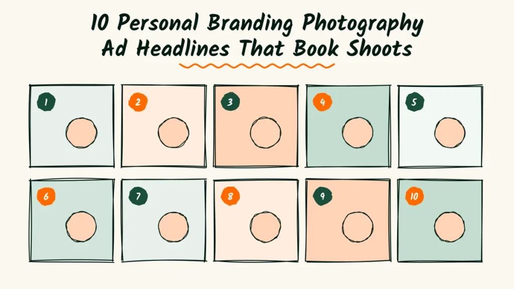 Personal branding photographer ad copy doodle with ten numbered ad cards, each showing a smiling business owner