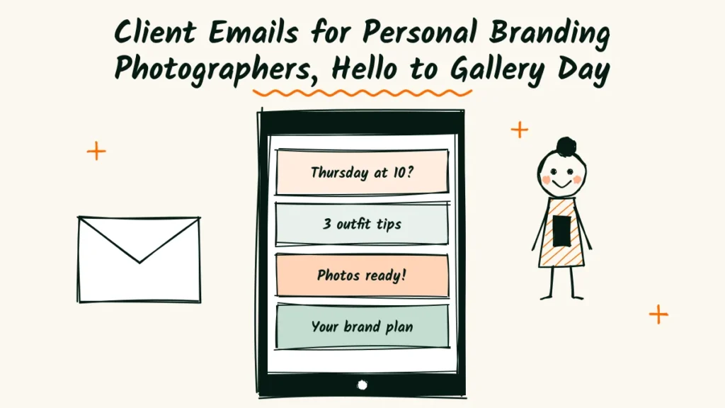 Doodle phone with four short client emails, an envelope and a smiling photographer for a personal branding photographer email guide