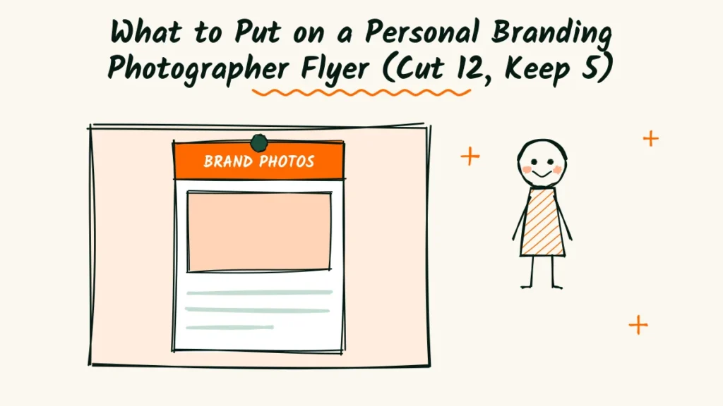 Doodle bulletin board with a brand photography flyer, a photo box and a smiling photographer for a personal branding photographer flyer guide