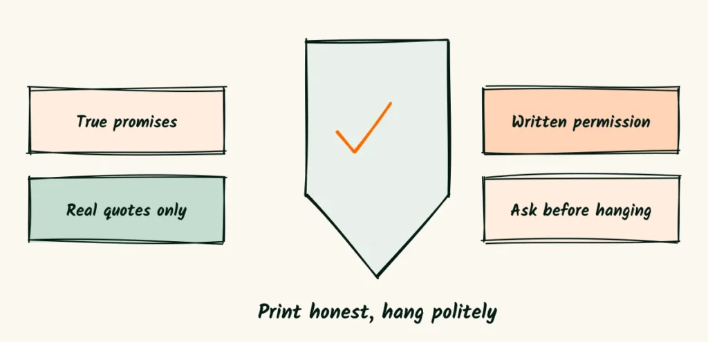Print honest, hang politely A shield with a check mark, surrounded by four notes about true promises, real quotes, written permission and asking before you hang