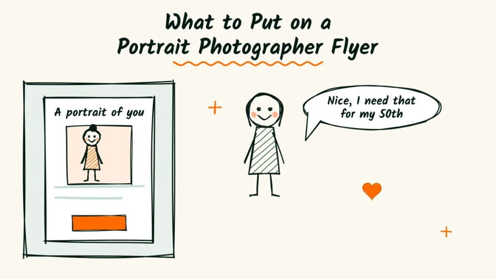 Portrait photographer flyer featured image Portrait photographer flyer doodle with a flyer on a wall showing a smiling portrait and a headline, and a passerby saying nice I need that for my fiftieth