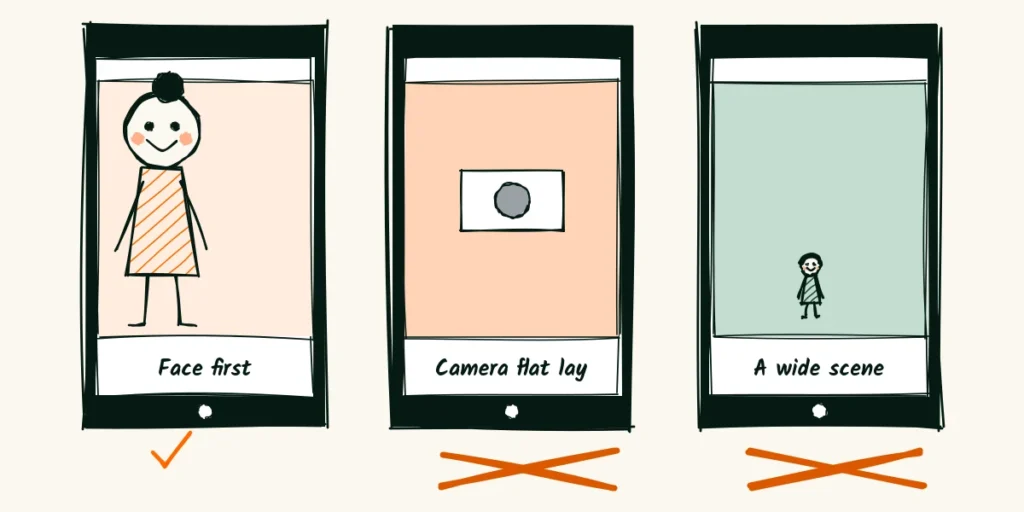 Face first, gear never A phone feed for portrait photographer social media with three posts, the first a close laughing face with a check mark, the second a camera flat lay and the third a wide scene, both crossed out