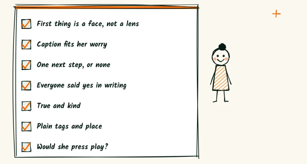 Seven checks before you post A seven-line checklist with orange check marks beside a happy person, for checking a post before you press share